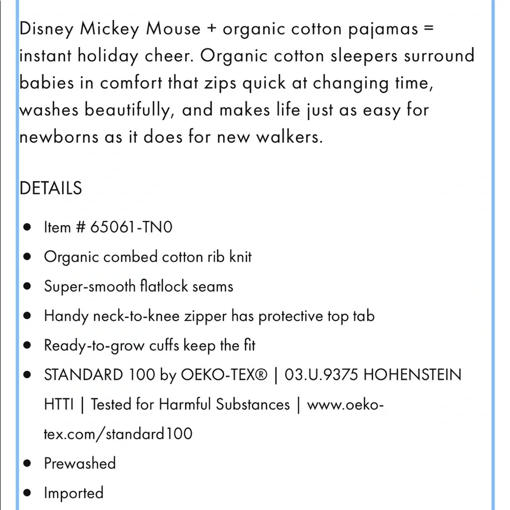 Hanna Andersson Baby Zip Sleeper Pajama 50 cm/0-3 Months Disney Mickey Mouse NWT